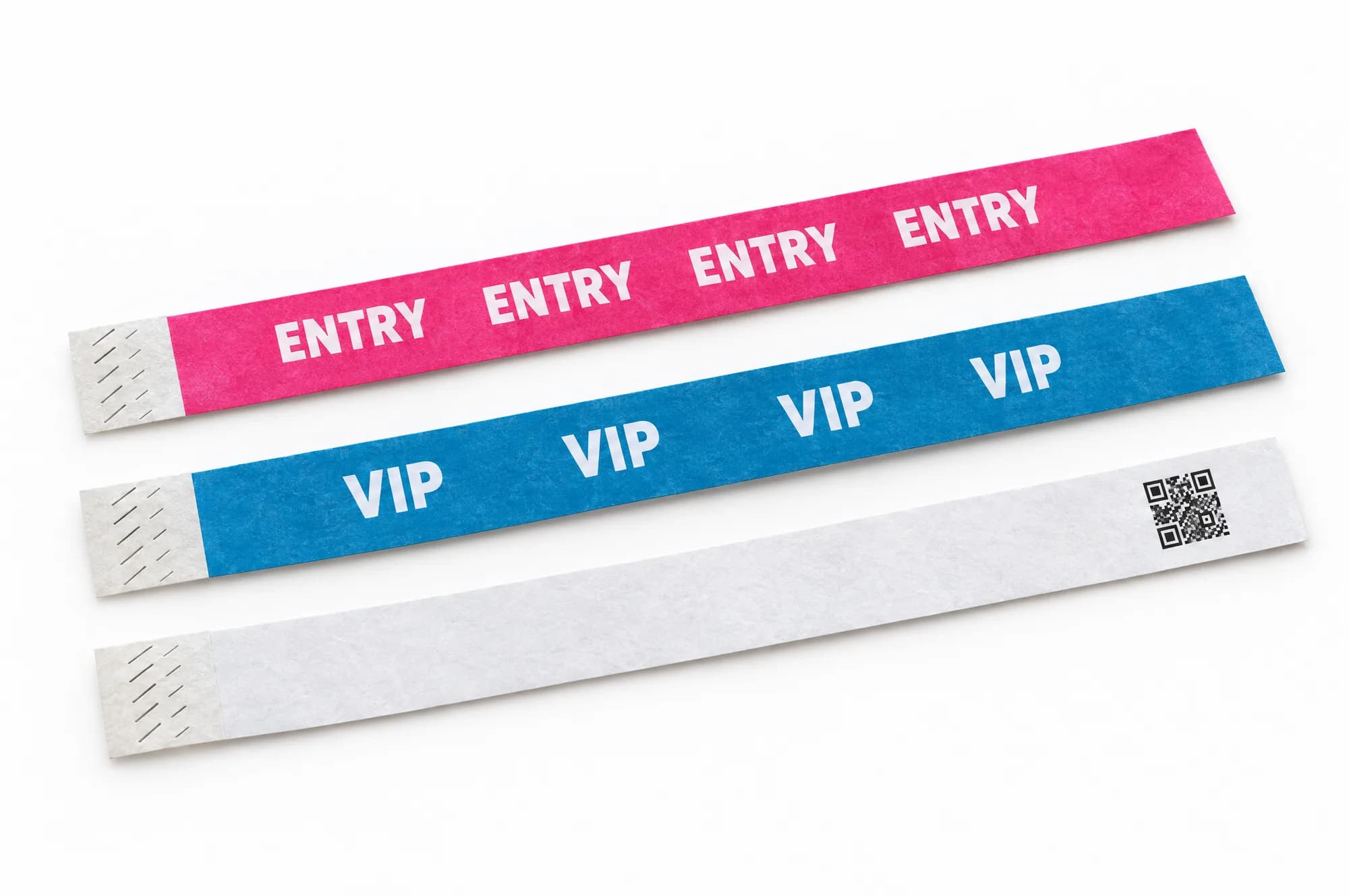 Three paper wristbands printed with ENTRY, with VIP, and with a QR code