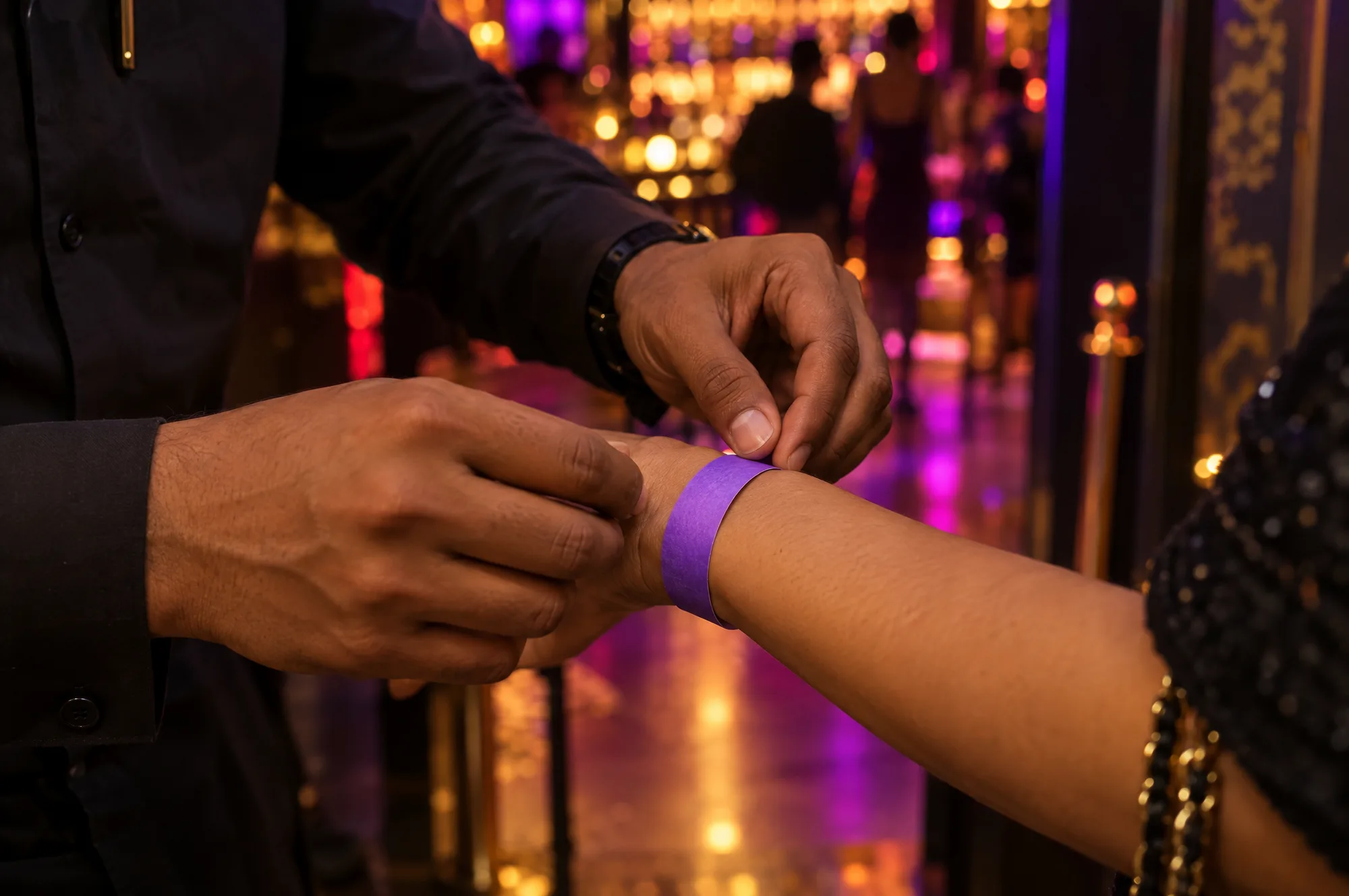 A door host fastening a violet paper wristband on a guest at a bar entrance