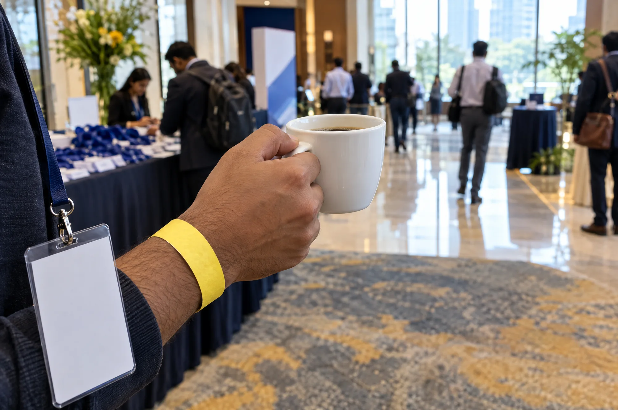 A conference delegate holding a coffee cup and wearing a yellow paper wristband