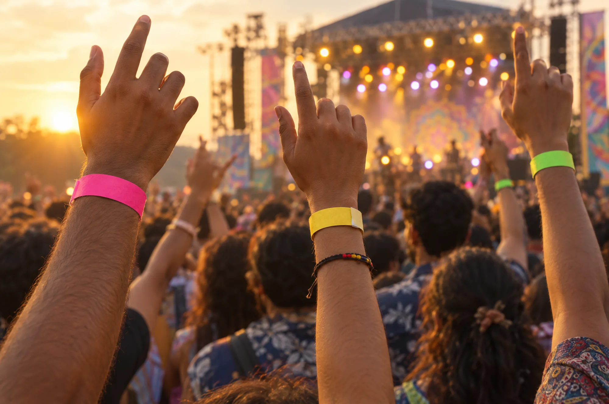 Raised hands at an outdoor music festival wearing pink, yellow and green paper wristbands