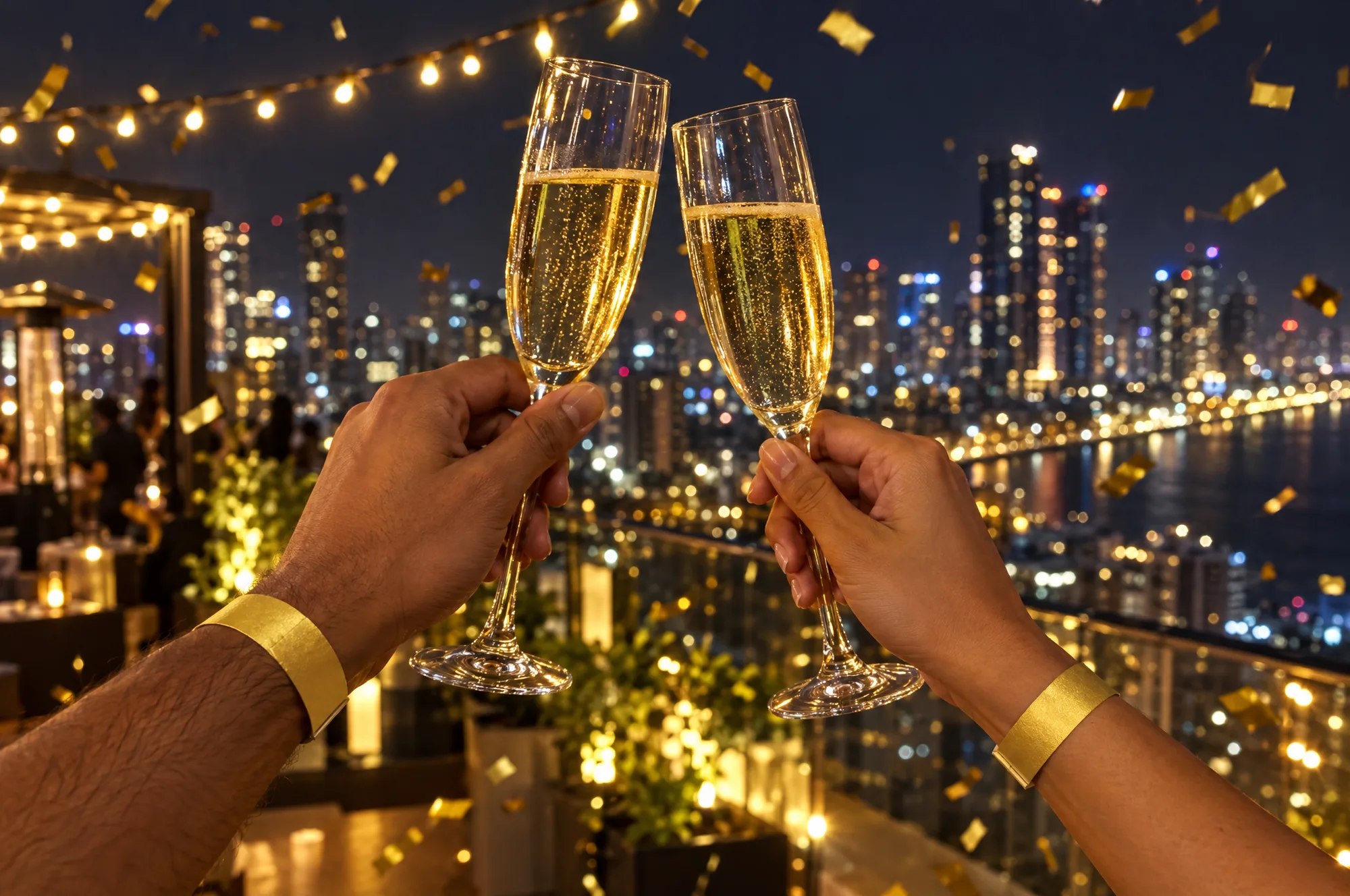 Two raised glasses at a rooftop party over a city at night, each wrist wearing a gold paper wristband