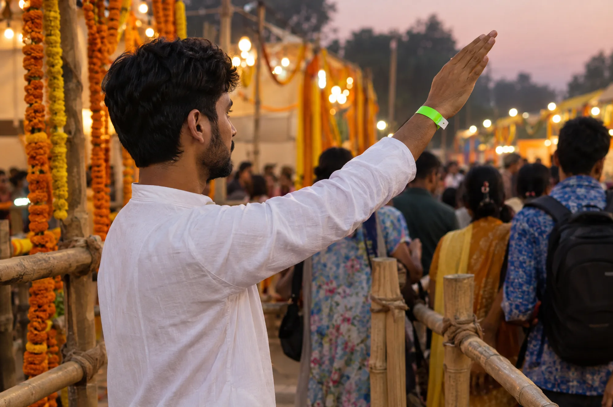 A festival volunteer raising a hand to guide a queue, wearing a neon green paper wristband, with marigold garlands behind