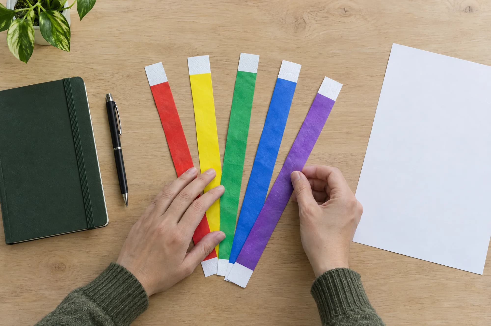 Hands spreading sample paper wristbands in five colours on a desk beside a notebook