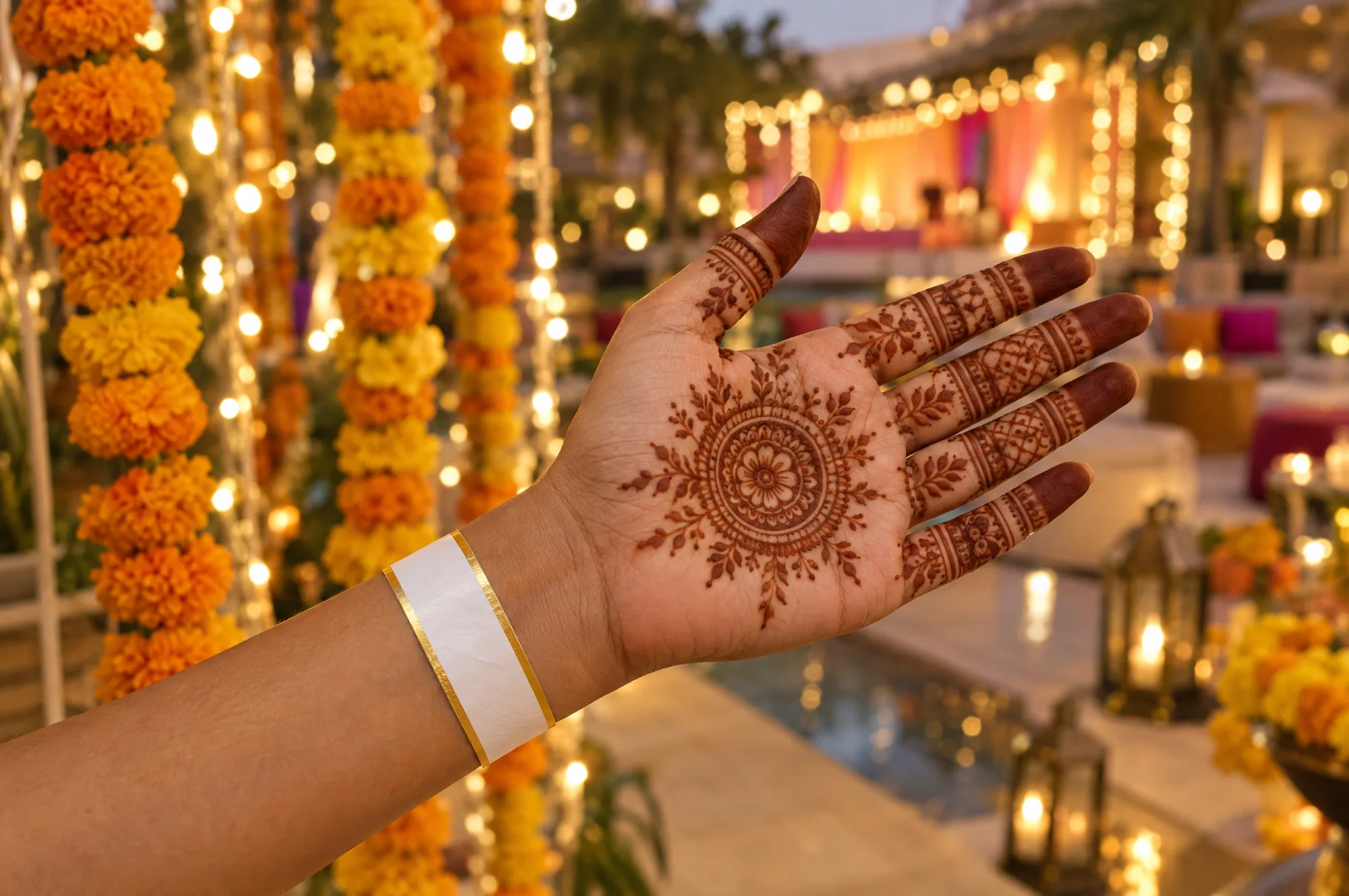 A wedding guest’s hand with fresh mehendi, wearing a white wristband with a gold edge, marigolds behind